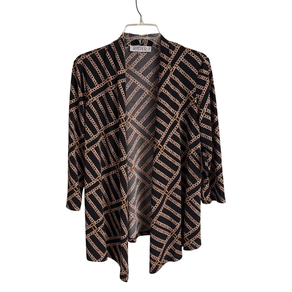 Kasper Gold Multi Chain Print Open Front Cardigan Black Size S NWT Career